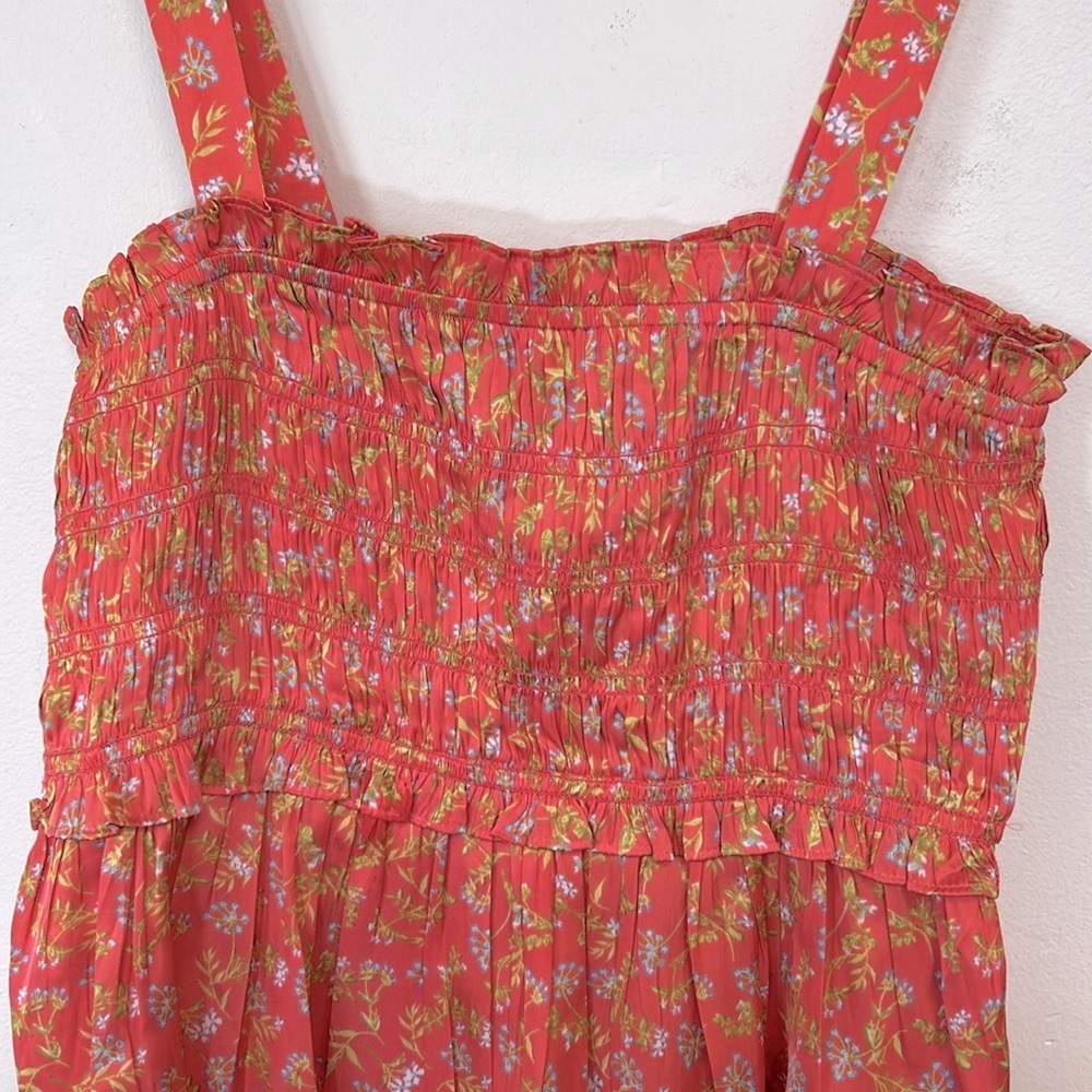 J. Crew Smocked Featherweight Satin Women’s Size L Coral Meadow Floral Tank Top - Picture 4 of 13